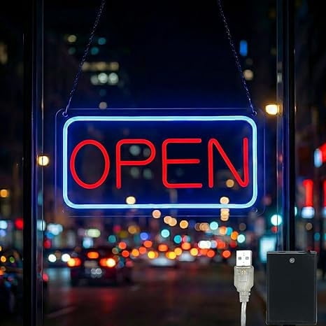 iDecoMart 16" LED OPEN Neon Sign, Plug-in or Batteries Powered, Bright Commercial Neon Light for Business, Bar, and Store Window, Not Include Battery
