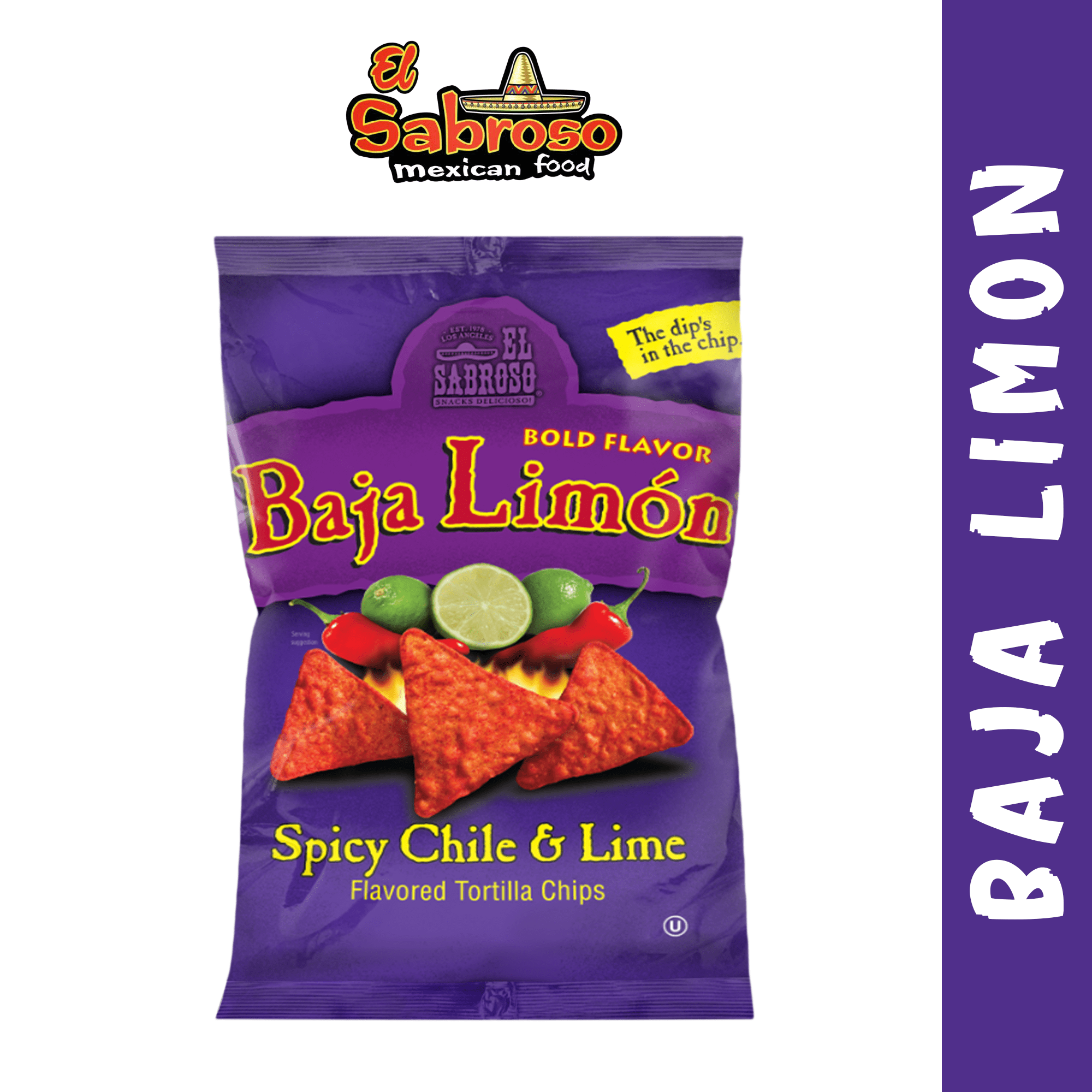 El Sabroso Baja Limón Spicy Chile & Lime Flavored Tortilla Chips, 3 oz Bags pack of 6