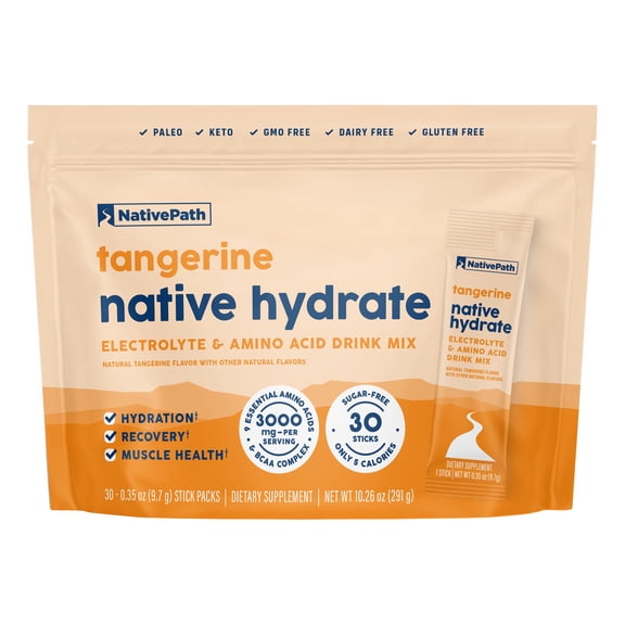 NativePath Hydrate Electrolyte Stick Packets Tangerine, Zero Sugar, BCAAs, Keto, 30 Count