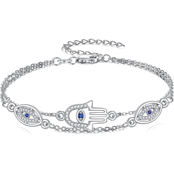 VONALA Evil Eye Bracelet 925 Sterling Silver Hamsa Hand of Fatima Turkish Blue Eye Charm Link Chain Layered Bracelets Religious Protection Jewellery Gifts for Women