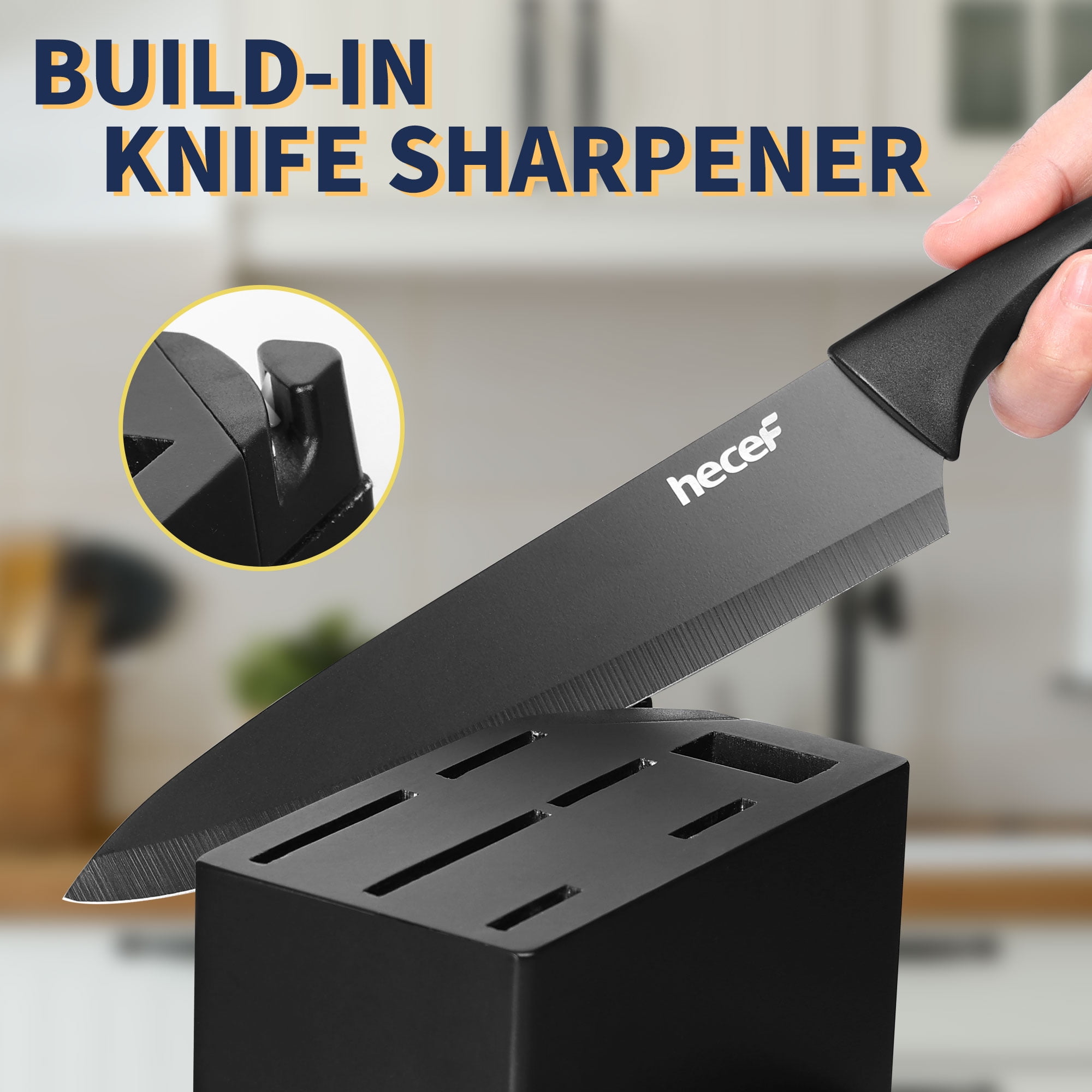 Hecef 15-Piece Kitchen Knife Block Set, Dishwasher Safe Stainless Steel Blades for Cooking and Chopping