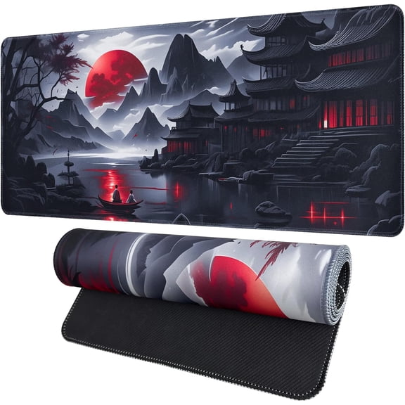 Black Mouse Pad Gaming Keyboard Pad 35.4 x 15.7 in Computer Mouse Pad Anime Gaming Mousepad, Expanded Architecture Cool Desk Pad, Japanese Red Moon Large MousePads Suitable for Home Office