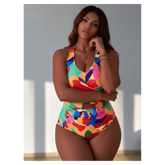 Plus Size Colorful Abstract Print Deep V Halter One Piece Swimsuit with Ruched Tummy Control, Women's Bathing Suit (XL-4XL)