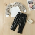 thumbnail image 5 of WOLLED Toddler Baby Spring Fall Leather Pants Set for Girls Long Sleeve Polka Dot Mesh Tops+ PU Leather Pants with Belt 1-6Y, 5 of 11