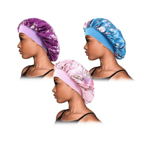 Women 3PK Satin Fabric Bonnet Silk Night Sleep Shower Cap Hair Head Covers