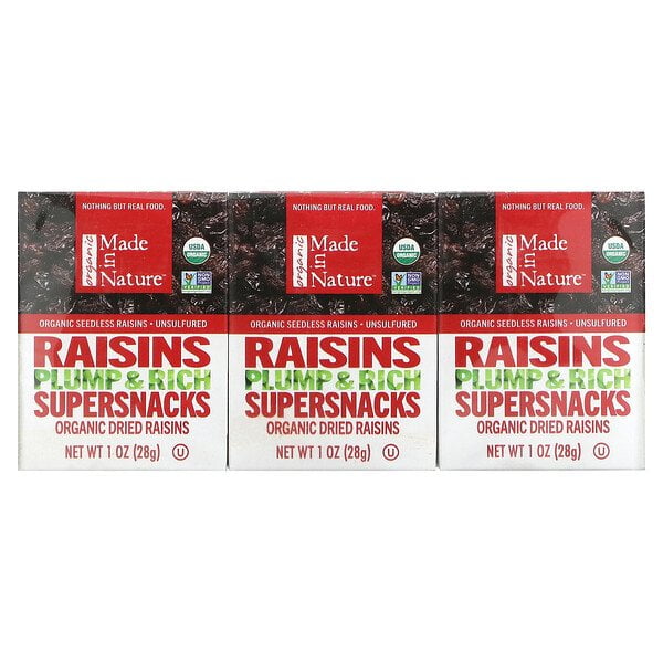 Made in Nature, Organic Dried Raisins, Plump & Rich Supersnacks, 6 Pack, 1 oz