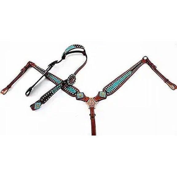 Western Headstall Breast Collar Reins & Wither Straps Tack Set Cowhide Leather Handmade Beaded Tooled Carved Horse Saddle Riding Tooling Carving Equestrian Size Full