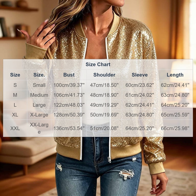 Czstvyn Women's Long Sleeve Jacket - Zip-Up Zipper Sequin Crew Neck Hip ...