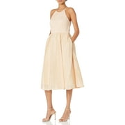 Adrianna Papell Halter Neck Cut Out Back Zipper Closure Mesh Dress-FLAXEN / 4