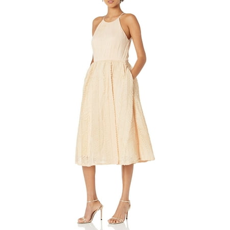 Adrianna Papell Halter Neck Cut Out Back Zipper Closure Mesh Dress-FLAXEN / 4