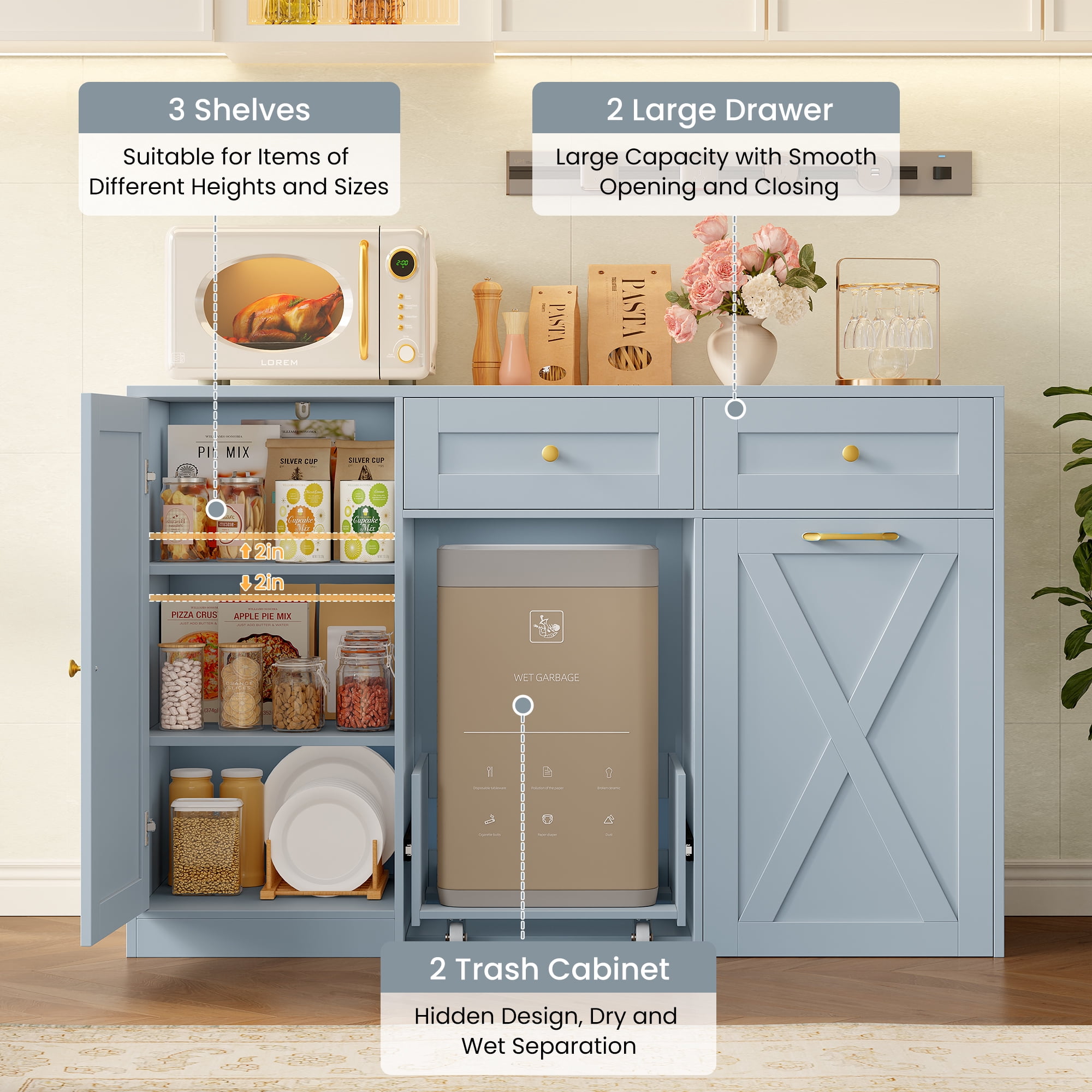 Homfa 47.2"W Kitchen Sideboard Credenza, Trash Can Cabinets Fits 12.5 Gallon Can, 2 Drawer Wood Buffet Storage Cabinet with Adjustable Shelf, Blue