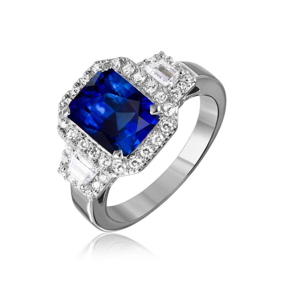 Rhodium Plated Sterling Silver 925 Simulated Sapphire Simulated Emerald Cut Ring Band Blue CZ Female Size 6