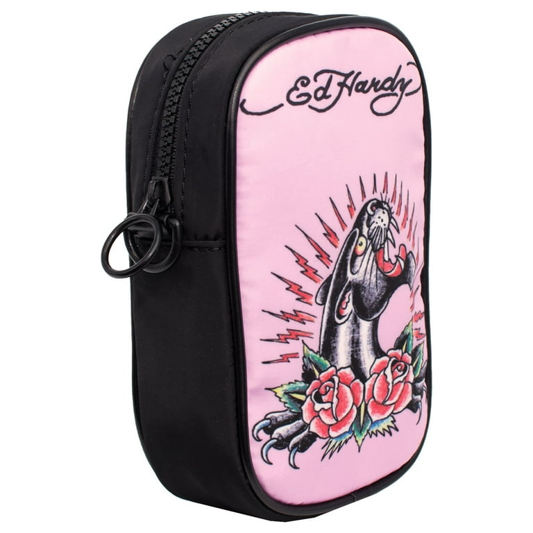 Ed Hardy Unisex Black/Pink Jaguar Rose Tatoo Print Nylon Phone Crossbody  Bag With Adjustable Shoulder Strap 