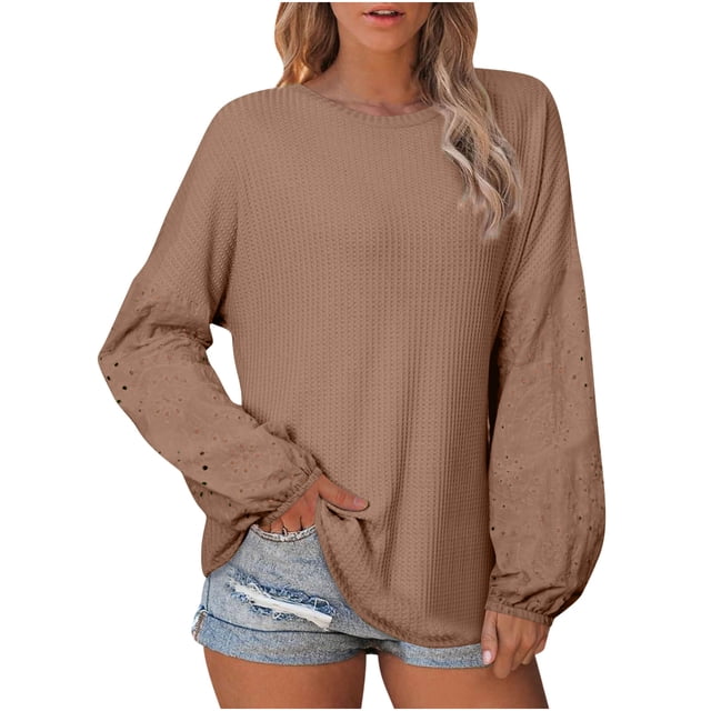 tarylea Hauts pour Femmes Col Rond Dentelle Manches à Œillets Chemises Manches Longues Décontractées Amples Quotidiennes Chandail