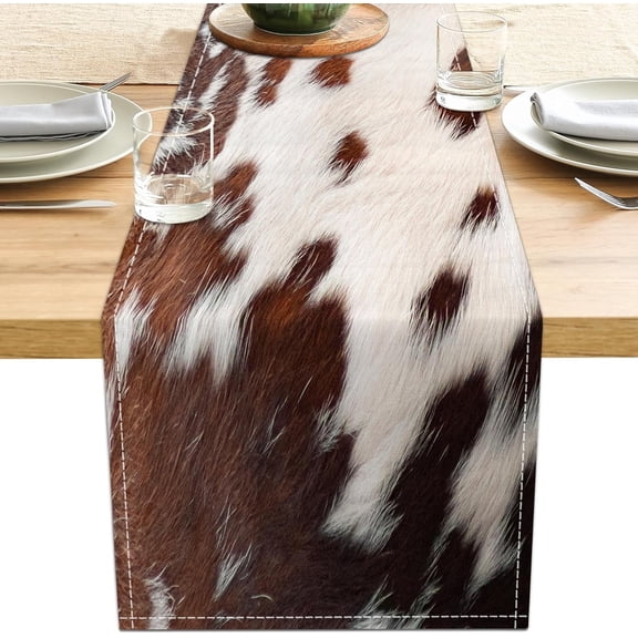 Linen Cow Print Table Runner 13x71 Inch Farmhouse Western White Brown Cowhide Runners Table Decorations Rustic Coffee Table Runner for Home Kitchen Dining Room