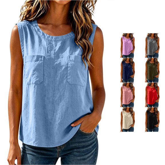 XFeng Women Round Neck Button Front Sleeveless Blouse, Ruffle Hem Loose Casual Tank Top