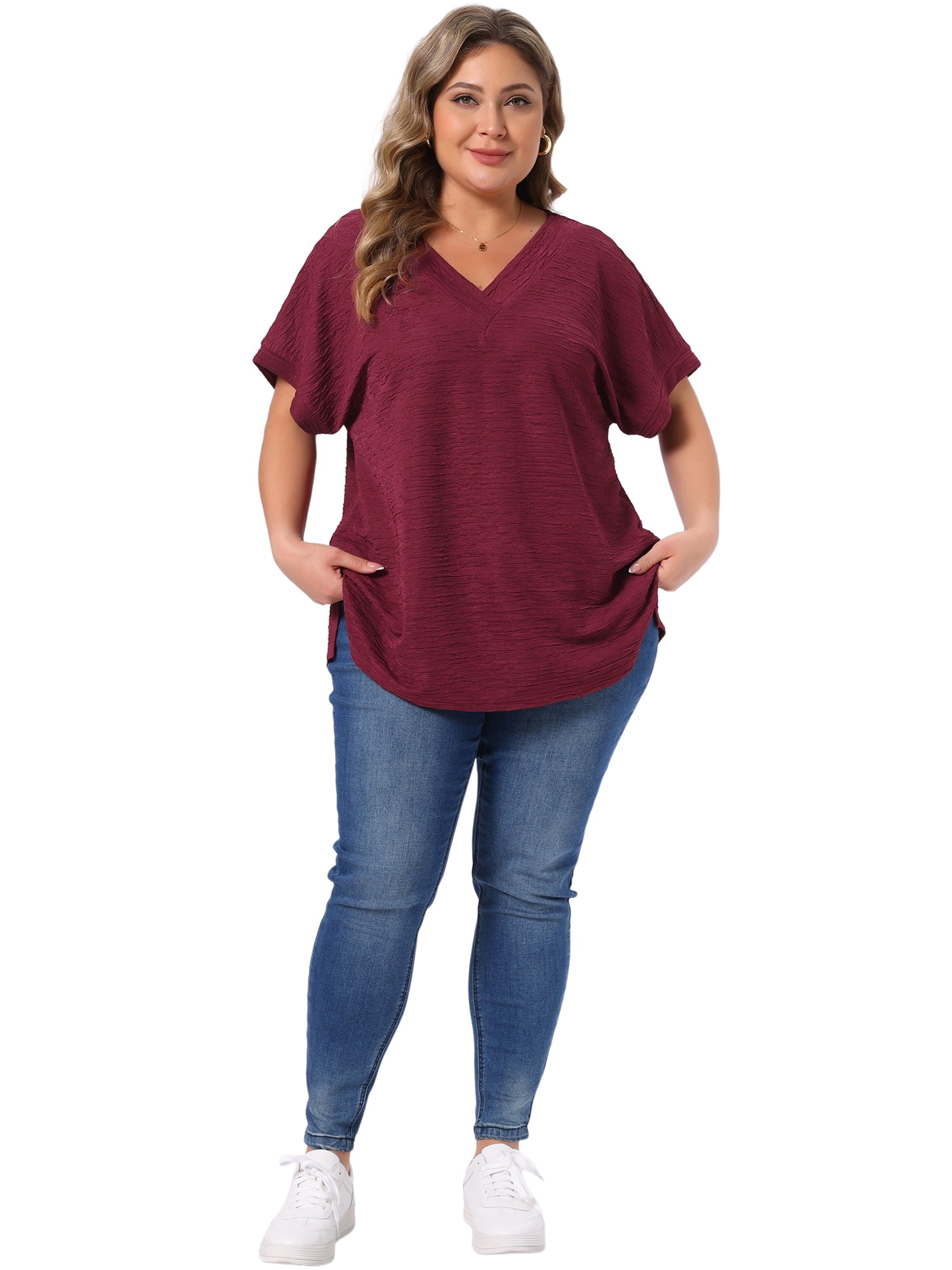 DARING DIVA Women's Plus V Neck Short Sleeve Textured Tops 1X Burgundy