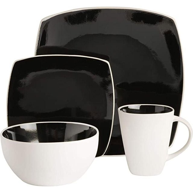 Gibson Elite Soho Lounge Square 16 Piece Stoneware Dinnerware Set, Black/White