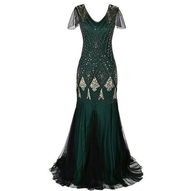 Puntoco Vestido De Lentejuelas Para Mujer Vestido Retro Tallas Grandes Banquete Vestido De Novia Europeo Y Americano Vestido De Cuello Redondo De Manga Corta Verde S,Regalos Para Mujer Joven