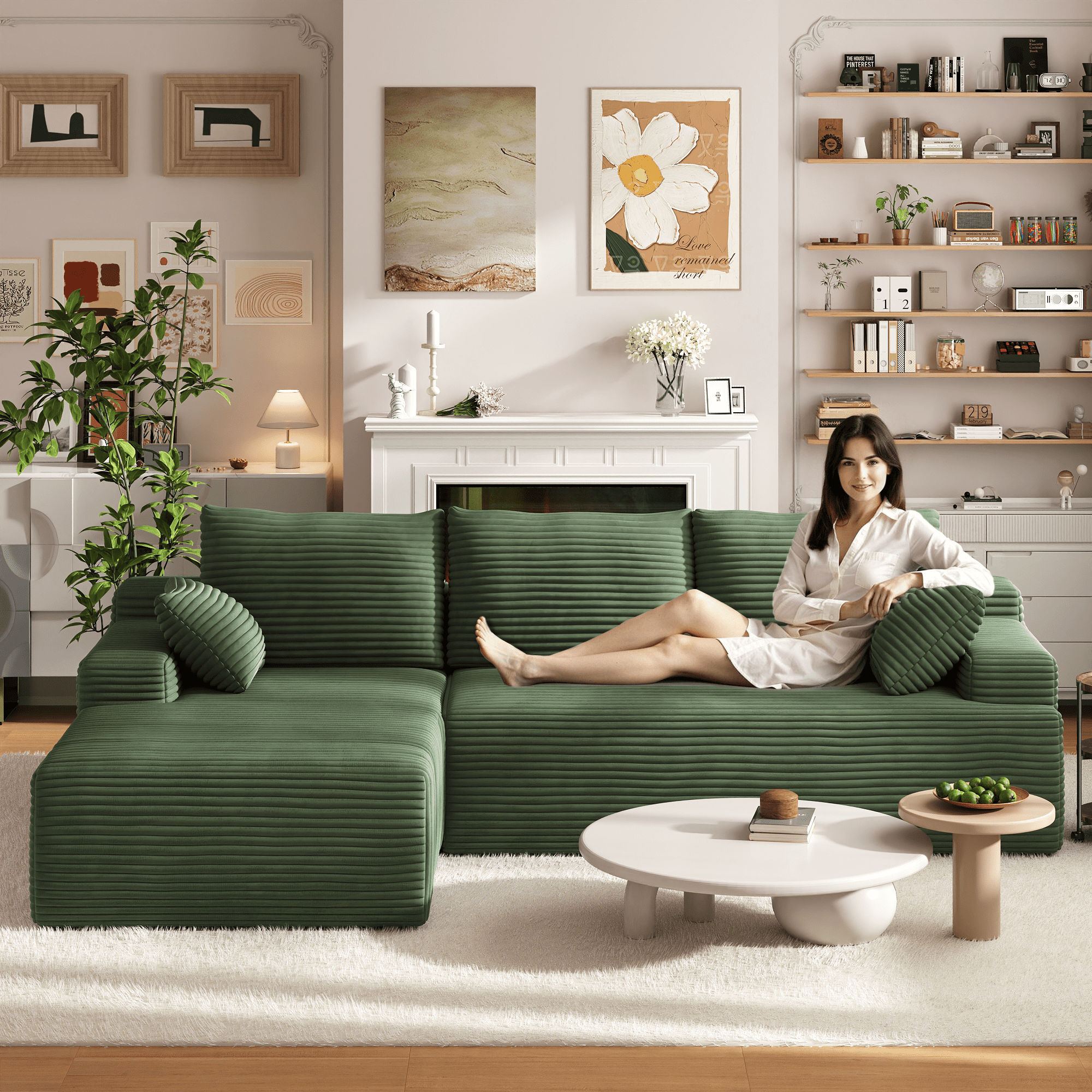 104" Cloud Sectional Couch with L-Shape Chaise, Modern Modular Sofa with Deep Seat, Upholstered Couches with Back Cushion for Living Room Bedroom, No Assembly Required, Green (Corduroy Fabric)