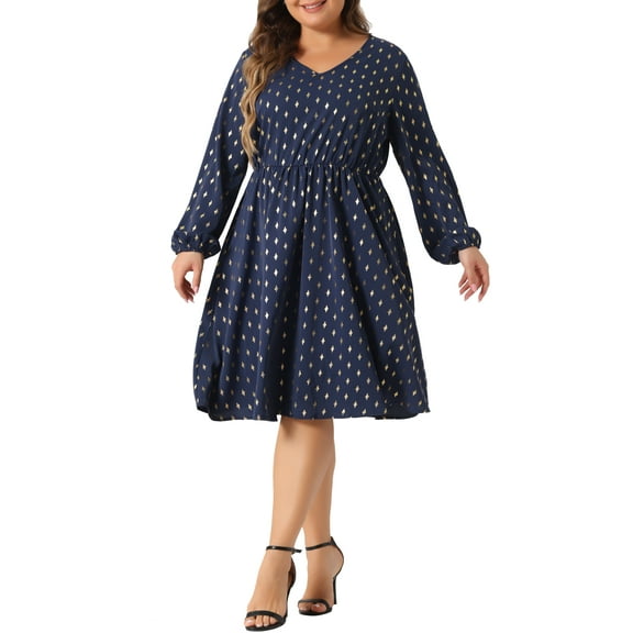 DARING DIVA Plus Size V Neck Long Sleeve Pocket Gilding Metallic Dress 1X Dark Blue