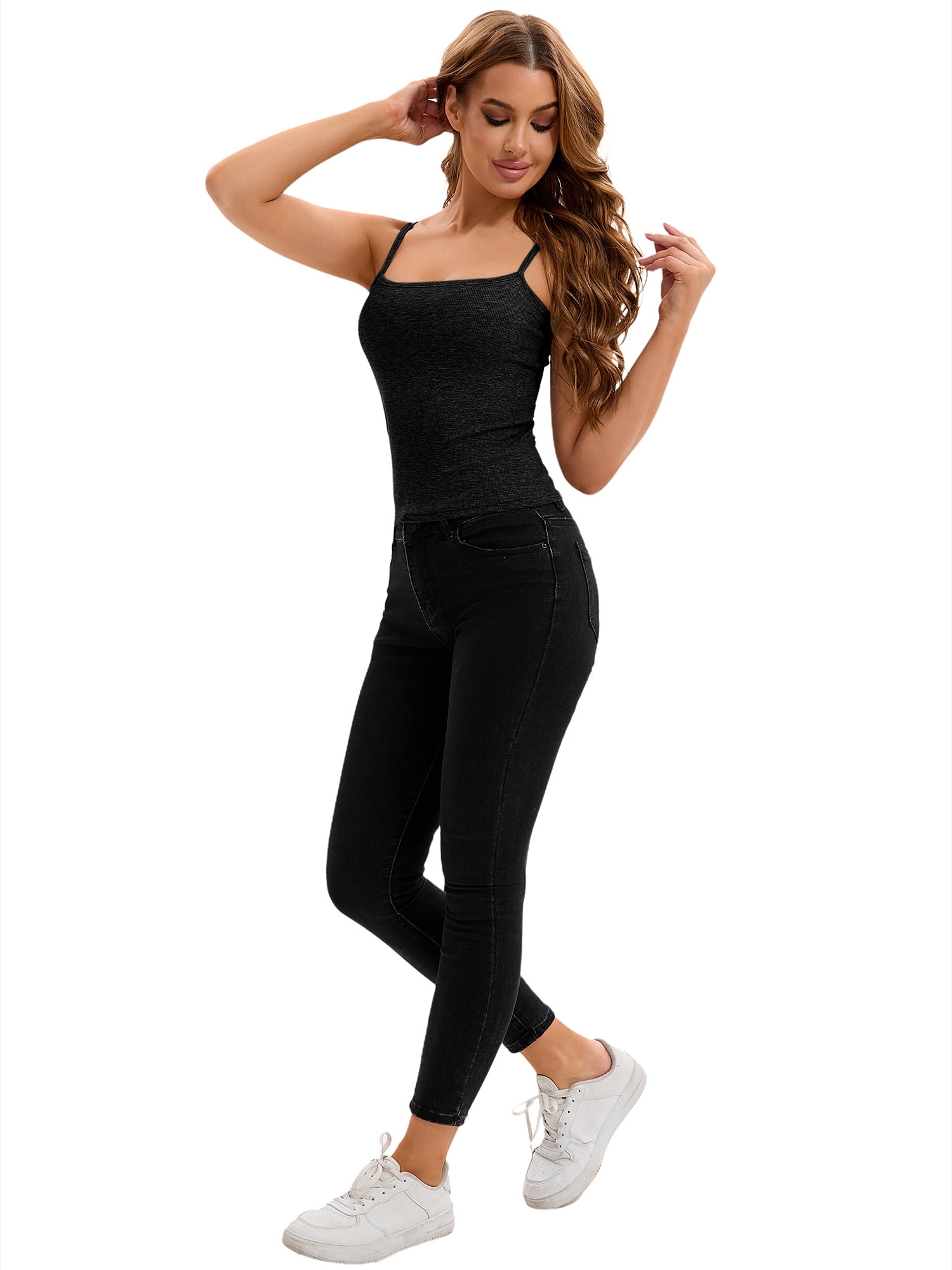Unique Bargains Women's Spaghetti Strap Tank Top Basic Undershirt Ribbed Camisole S Black