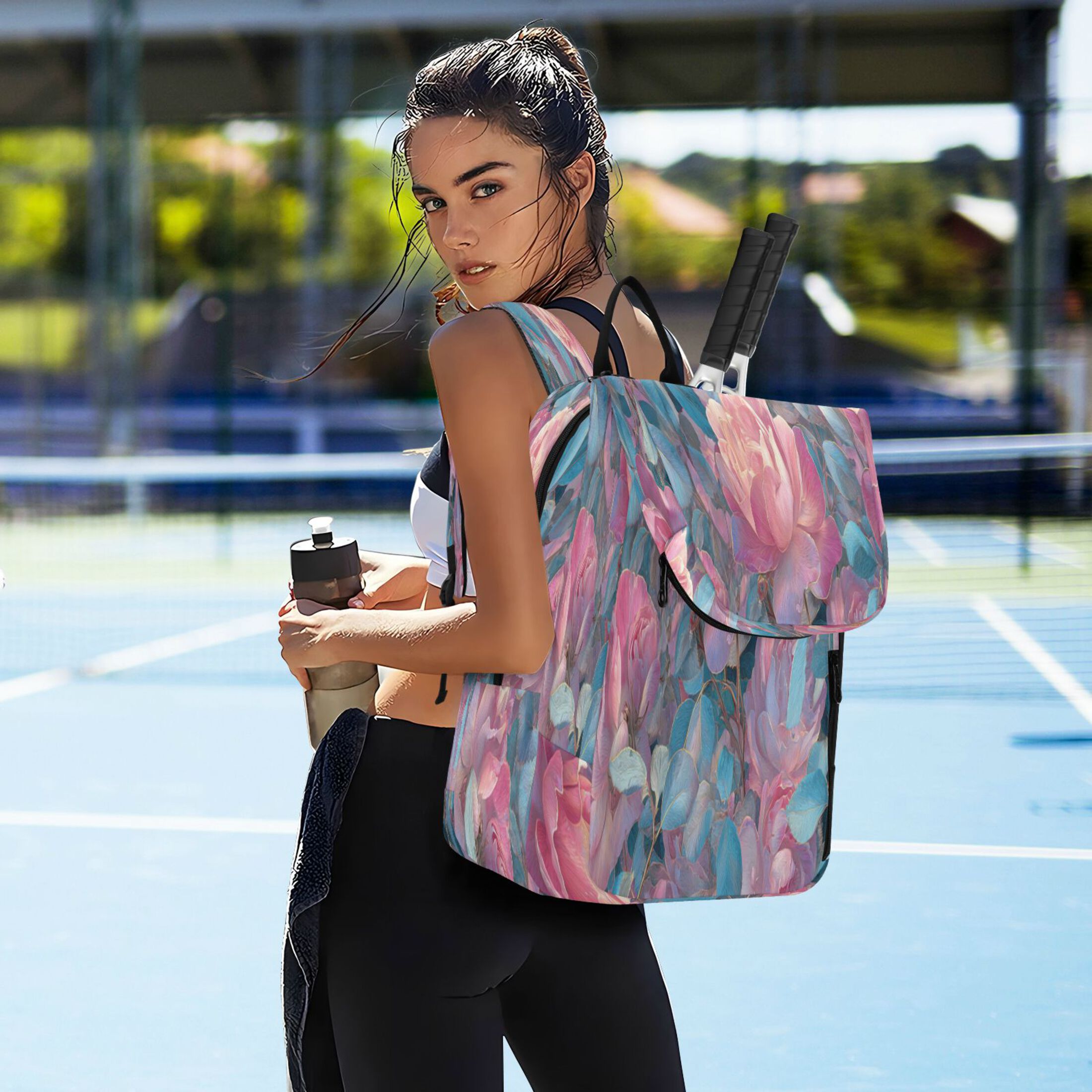 2 Racquet Holder Tennis Backpack Tennis Racket Covers Gym Bags Pink Roses and Blue Leaves