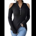 thumbnail image 3 of Blusa de Mujer con Cuello en V, Hombros Descubiertos, Larga, Ajustada, con Cordones, Acanalada y Elástica. Negro L, 3 of 9
