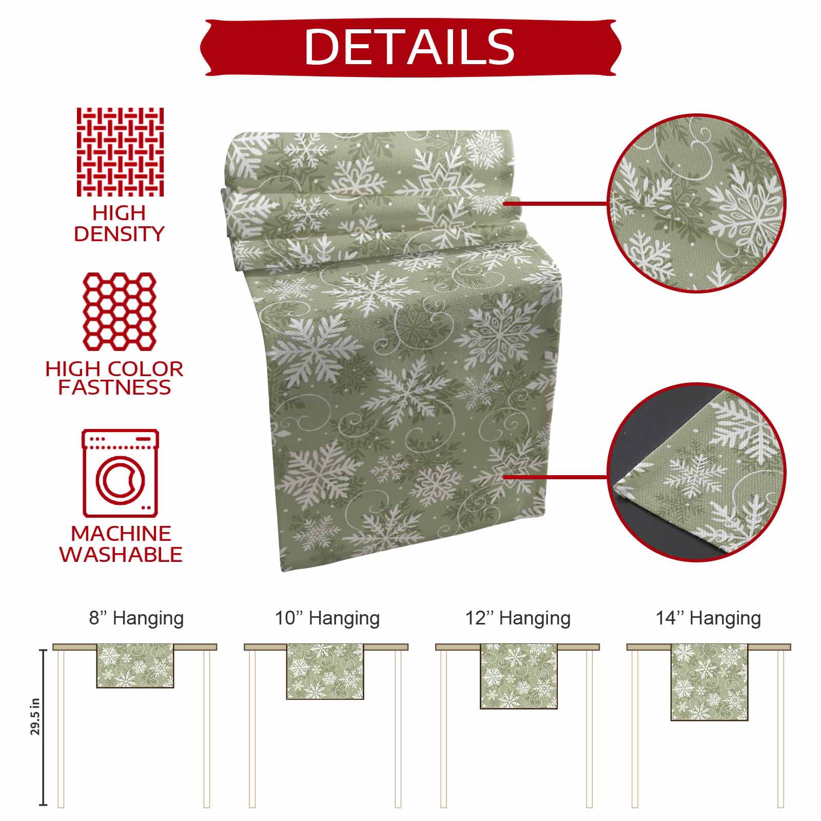 Table Runner Dresser Scarves 90 Inch Long,Sage Green Christmas Snowflake Linen Dining Table Runners