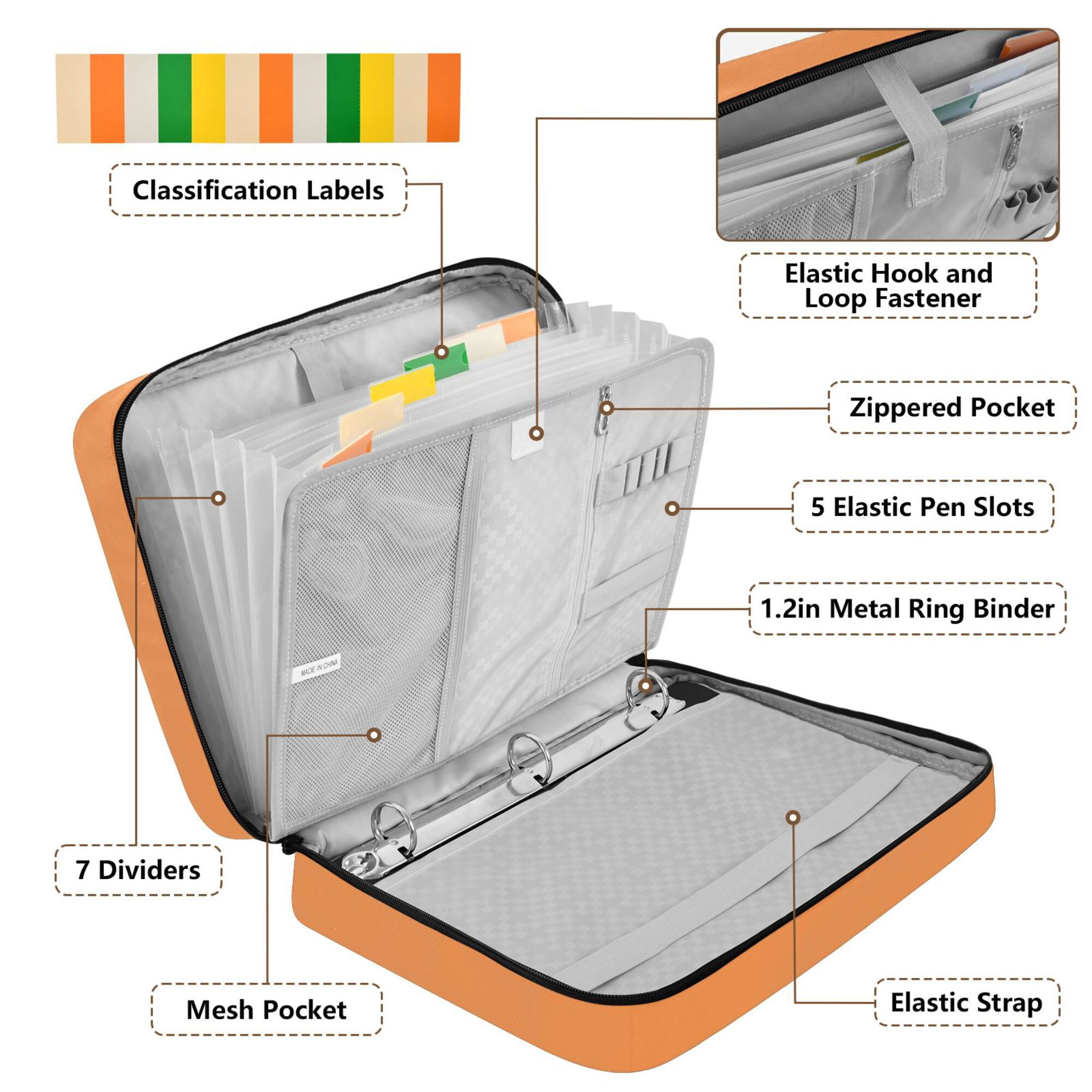 FORMRS Accordion File Folder A4 Size 7-Pocket Expanding Document Organizer Bag with 3 Ring Binder, Orange Glasses
