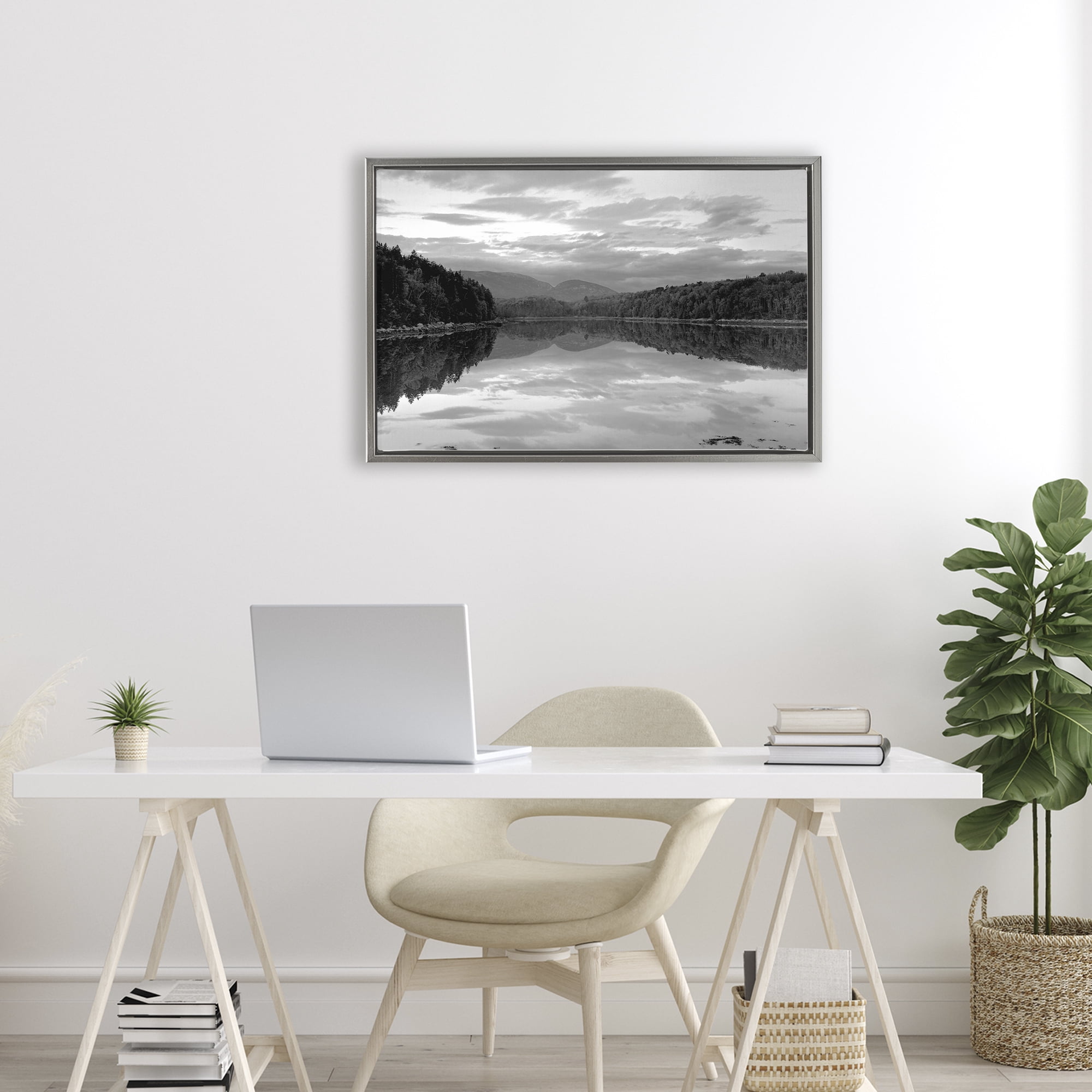 Stupell Industries Acadia Reflection in Monochrome Gray Framed Floater Canvas Wall Art, design by MJ Photography