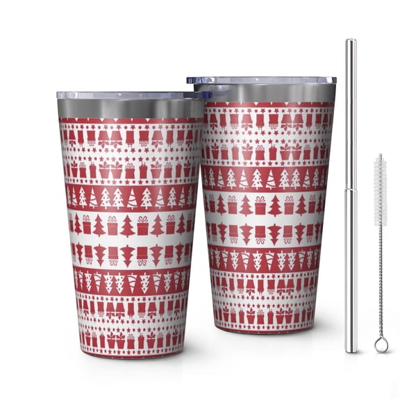 16oz Tumblers Red Christmas Pattern Stainless Steel Vacuum Insulated Double Wall Travel Tumbler Cups Mug with Lid and Straw,Cleaning Brush for Coffee,Tea
