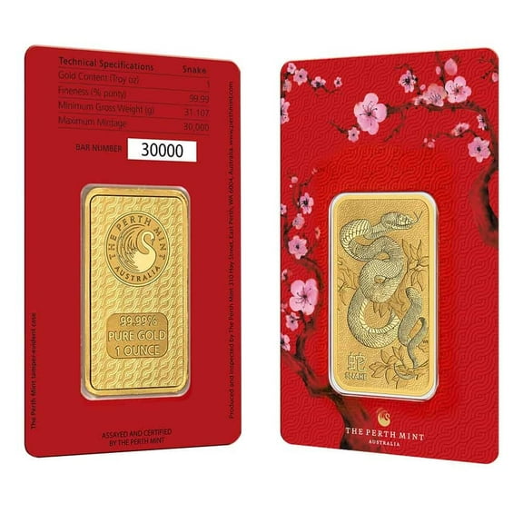 1 oz Perth Mint Lunar Snake Gold Bar .9999 Fine (in Assay)