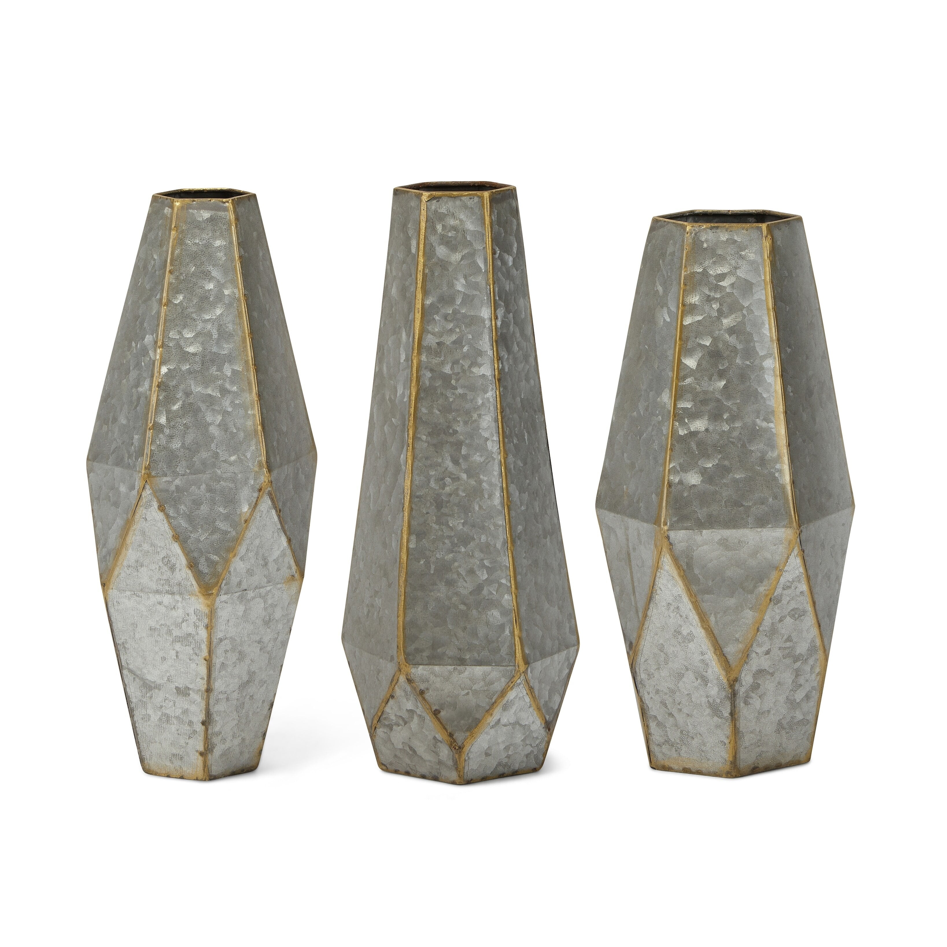 Galvanized Metal Accent Vases with Gold Trim Assortment of 3 Gray