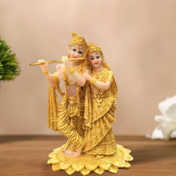 Shree Radha Krishna Idol - Gold Murti Statue Decor, Ganesh Pooja, Office,car Dashboard, Mandir, Table Showpiece, Wedding & Gift, Decorative Figurines (Small, 13.5 H) 1 Pcs