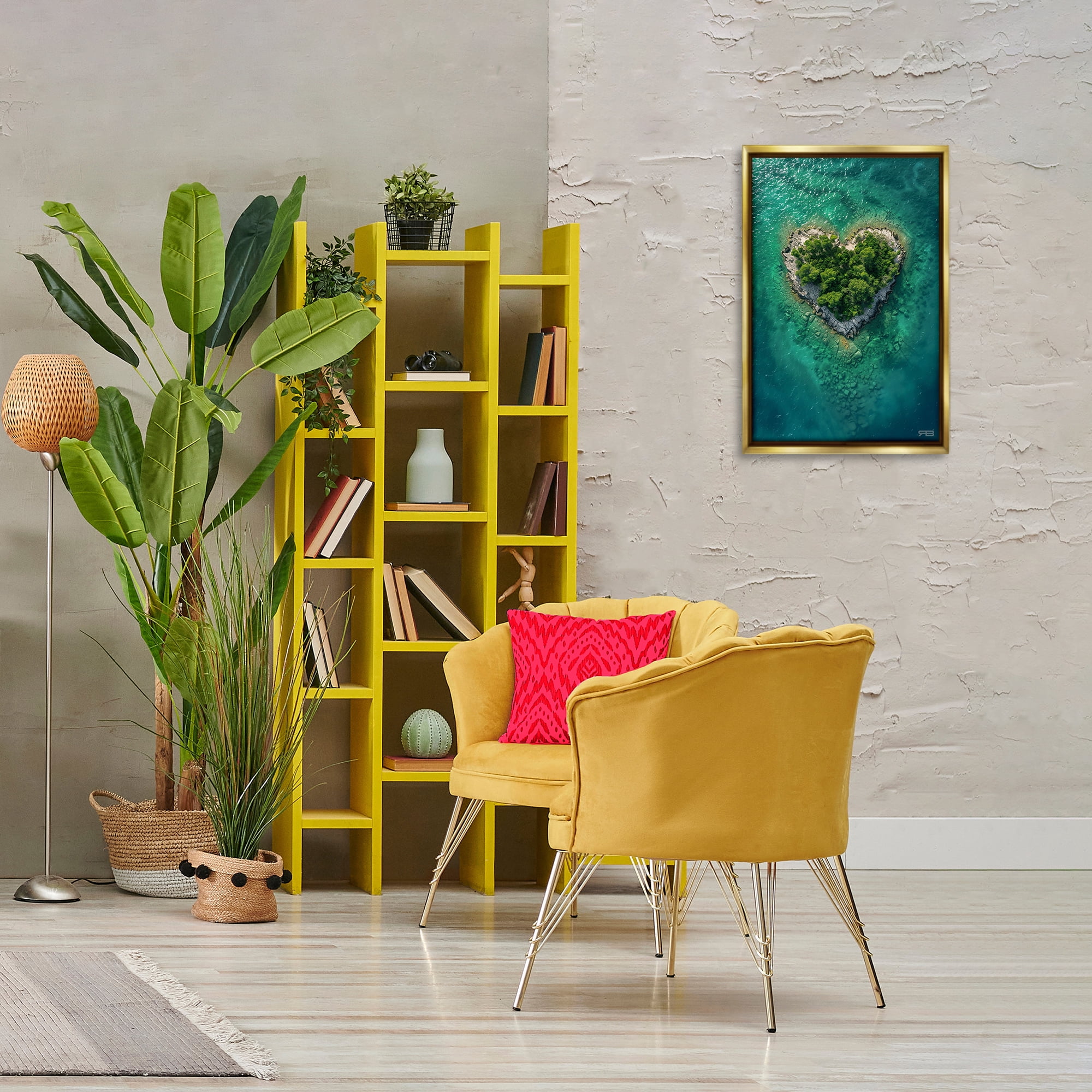 Stupell Industries Heart Shaped Island Landscape & Nature Painting Gold Floater Framed Canvas Art Print Wall Art, 17 x 25