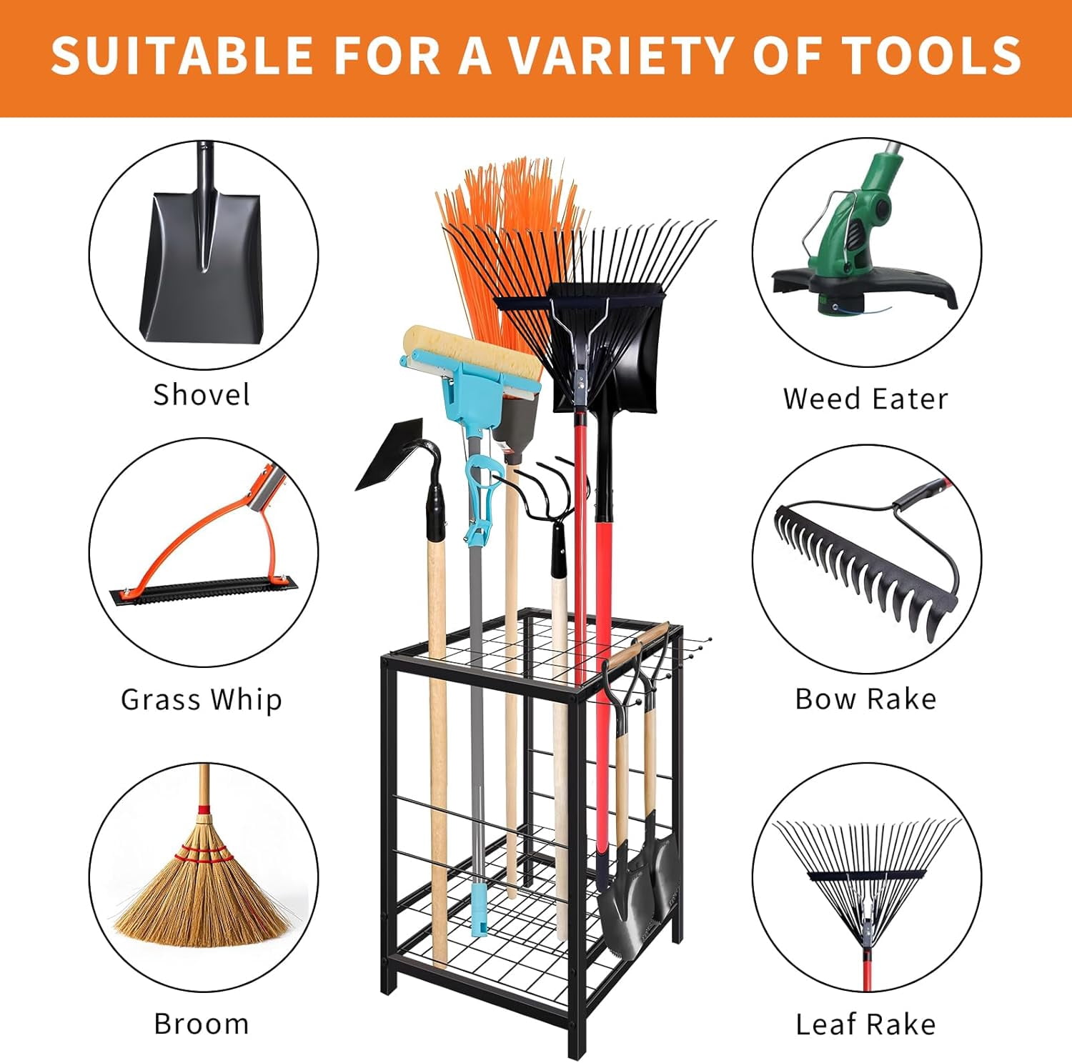 Yesurprise Garden Tool Organizer, Yard Tool Organizer, Metal Yard Tools Storage, Heavy Duty Garden Tool Organizer for Garage, Partitioned Tool Organizer and Storage for Shed, Garage, Tool Stand