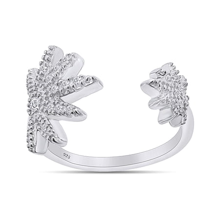 AFFY White Diamond Marijuana Leaf Adjustable Toe Ring in 14K White Gold over Silver-6.5