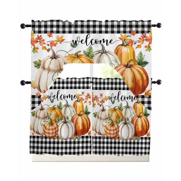 Pumpkins Thanksgiving Kitchen Curtains Sets 36 Inch Length with Valance, Fall Black White Plaid Farmhouse Pumpkin Swag Valances and Tiers Curtain Set Drapes Swag Curtains for Living Room, Bathroom