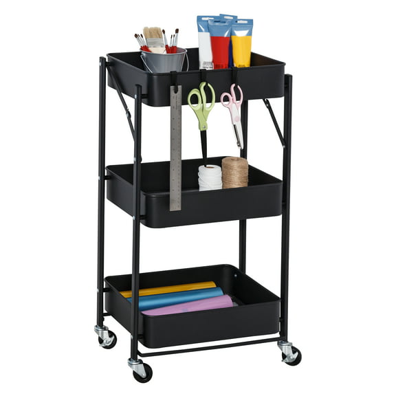 Honey Can Do 3-Tier Rolling Metal Folding Storage Cart with Lockable Wheels, Black