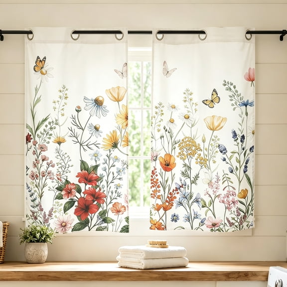 2Pcs Floral Kitchen Curtains 46 Inch Polyester Kitchen Window Drapes Curtains Light Filtering for Bedroom Living Room Farmhouse