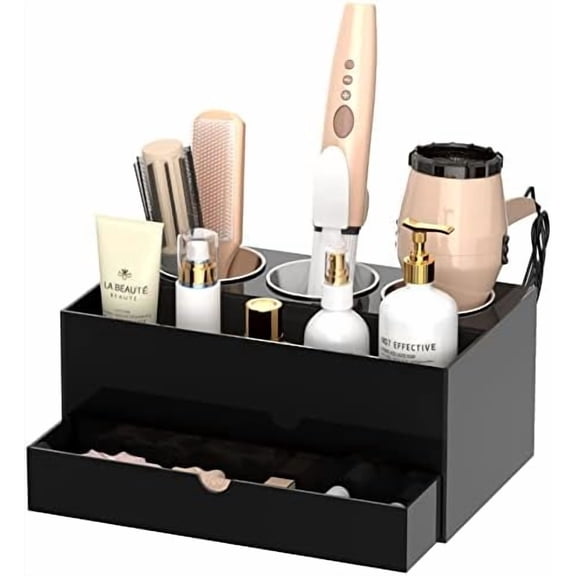 Hair Tool Organizer, Black Acrylic Hair Dryer and Styling Organizer with Drawer, Bathroom Countertop Blow Dryer Holder, Vanity Caddy Storage Stand for Accessories, Makeup, Toiletries