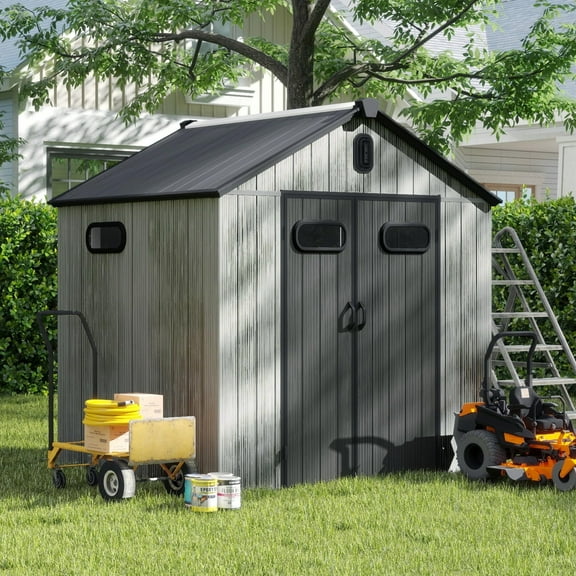 6X6 FT Resin Outdoor Storage Shed, Utility Garden Tool Shed with Lockable Door, Air Vent and Windows, All-Weather Shelter for Bike Patio Lawn Poolside, Grey