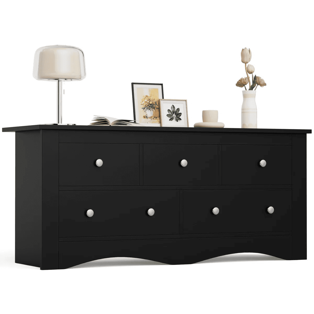 Homall 5 Drawer Double Dresser, Modern Wood Chest of Drawer for Living Room Bedroom,Black