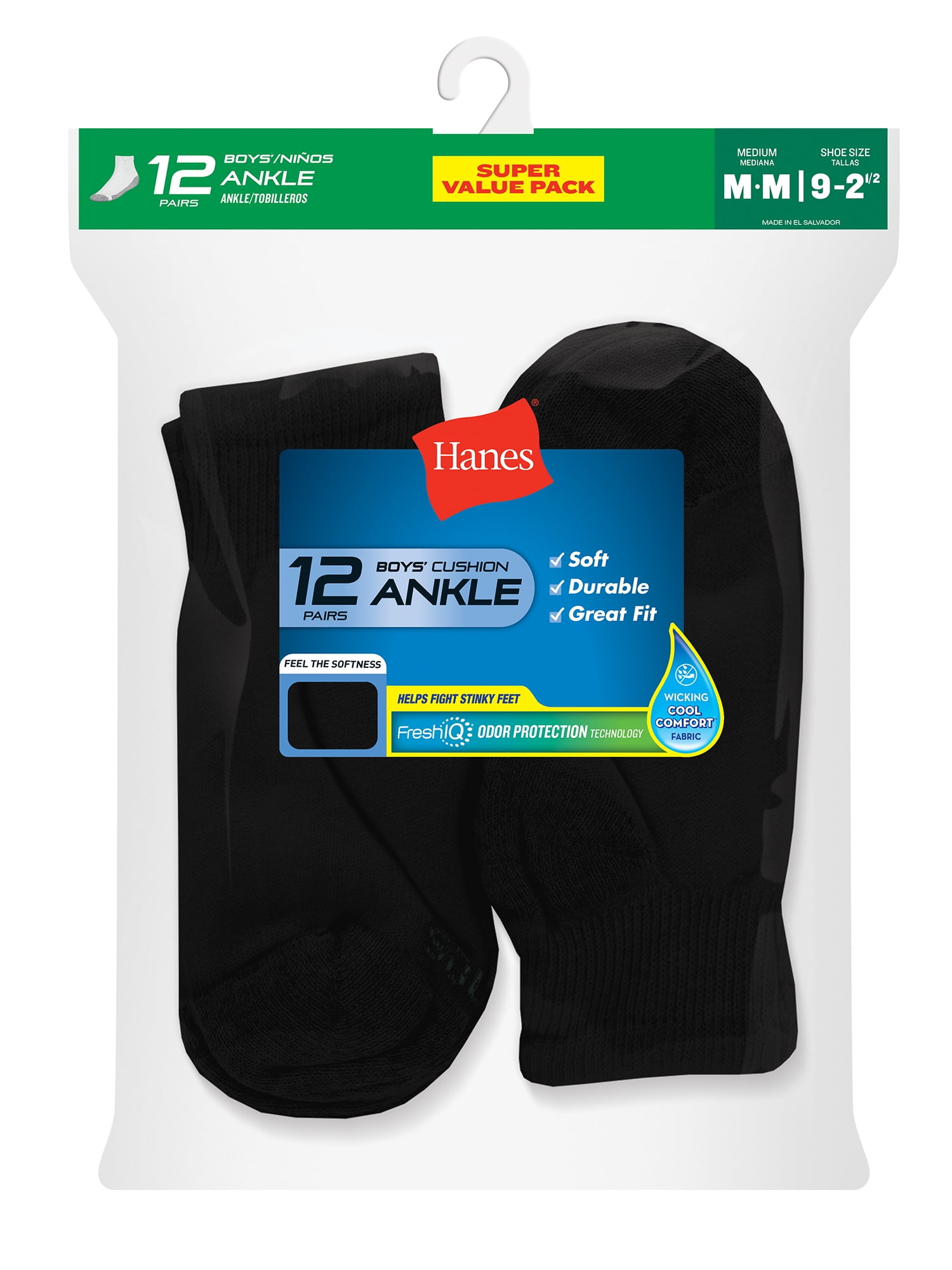 Hanes Boys Ankle Socks, 12 Pairs, Double Tough, Cushioned, Moisture-Wicking