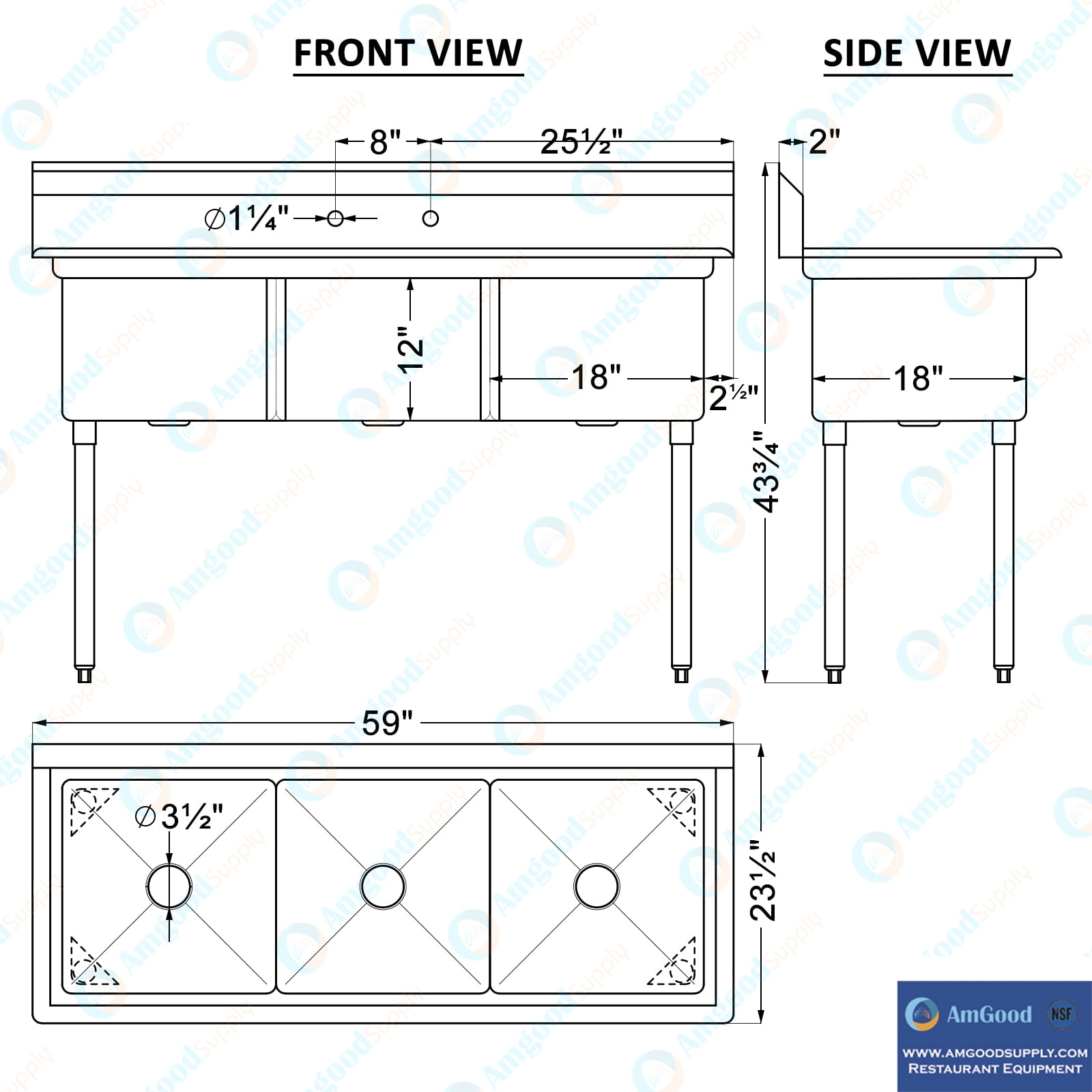 18″ x 18″ x 12″ Three Compartment Stainless Steel Commercial Kitchen Prep & Utility Sink | NSF