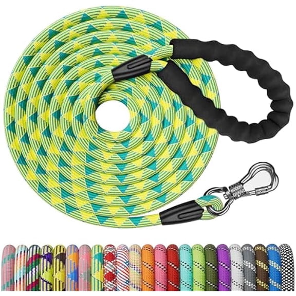 Eryueer Long Dog Leash,15FT Rope Leash for Dog Training with Swivel Lockable Hook,Reflective Threads and Comfortable Handle,Dog Lead for Walking,Hunting,Camping for Medium and Large Dog, Teal/Yellow