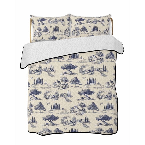 Quilts Twin-XL Size Bedding Set, Farmhouse Country Lightweight Quilted Comforter, Vintage Trees Rustic French Garden Birds Soft Bedspread Coverlet with Pillow Covers for All Season, 68" x 98"