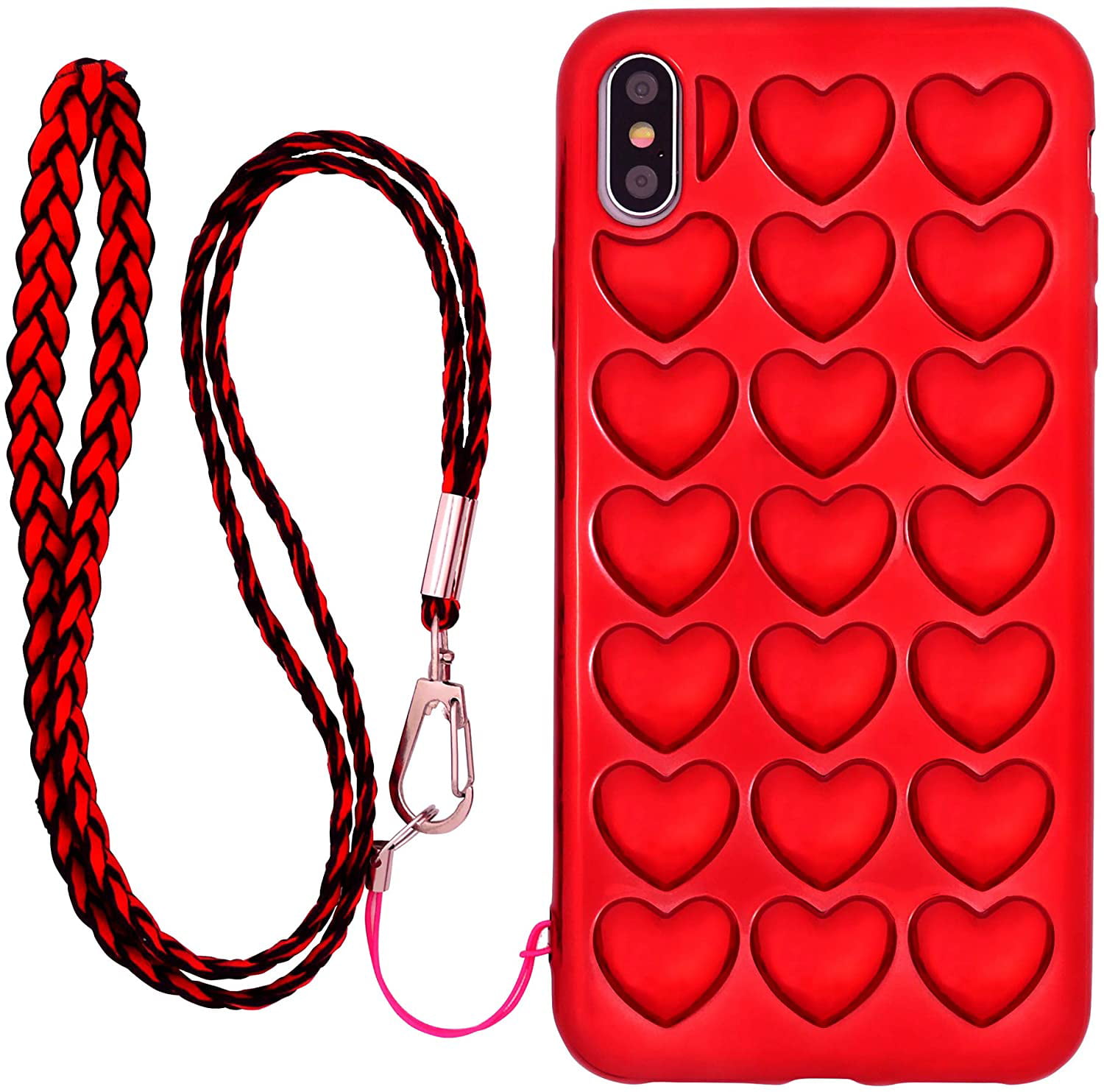 iPhone Xs Max Case for Women Cute Girly for iPhone 10s Max 6.5 inch Red DMaos 3D Bubble Heart Cover with Lanyard Strap Necklace