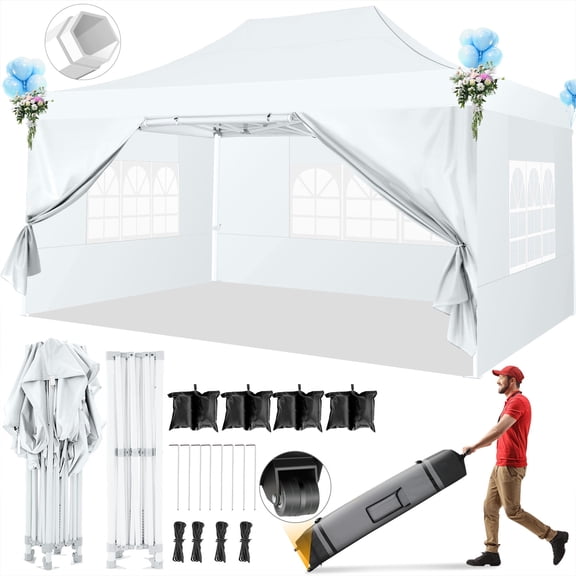COBIZI 10x15 Pop Up Canopy Tent Heavy Duty with 4 Sidewalls Tents for Parties Outdoor Canopy Event Tent Wedding with Roller Bag,Upgraded UV 50 , Thick Hexagonal Legs, white